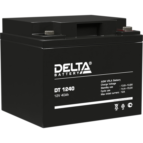 Батарея DELTA серия DT, DT 1240, напряжение 12В, емкость 40Ач (разряд 20 часов), макс. ток разряда (5 сек.) 530А, макс. ток заряда 12А, свинцово-кислотная типа AGM, клеммы под болт М6, ДxШxВ 196х166х