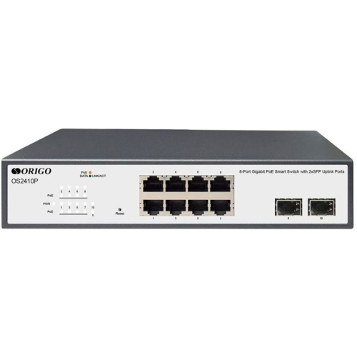 ORIGO Настраиваемый L2 PoE-коммутатор 8x1000Base-T PoE, 2x1000Base-X SFP, PoE-бюджет 120 Вт, комплект для установки в 19