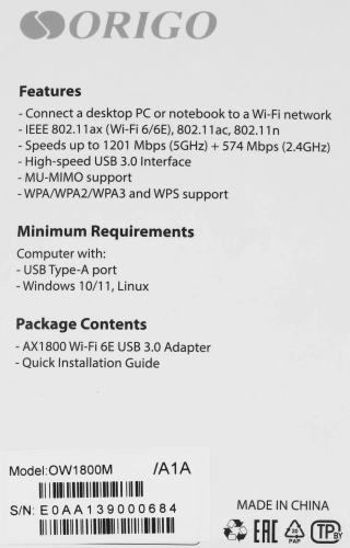 Адаптер/ OW1800M AX1800 Wi-Fi 6/6E USB 3.0 Adapter, 2x2.5dBi external antennas (OW1800M/A1A) фото 4