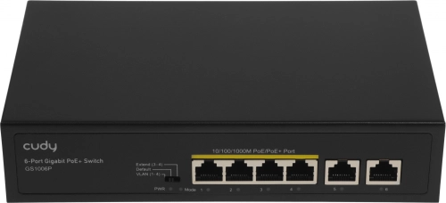 Коммутатор/ 6-Port 10/100/1000M PoE+ Switch, 4-Port 10/100/1000 BASE-T Gigabit PoE+ ports, 2-Port 10/100/1000 BASE-T Gigabit Uplink ports, 802.3at/af, VLAN mode support for port #1 ~ #4, Extend mode support for port #3 ~ #4, Fanless (GS1006P)