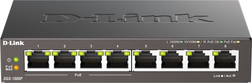 коммутатор D-Link Неуправляемый PoE-коммутатор, 8x1000Base-T (4x1000Base-T PoE), PoE-бюджет 80 Вт, корпус металл (DGS-1008P/F3A)