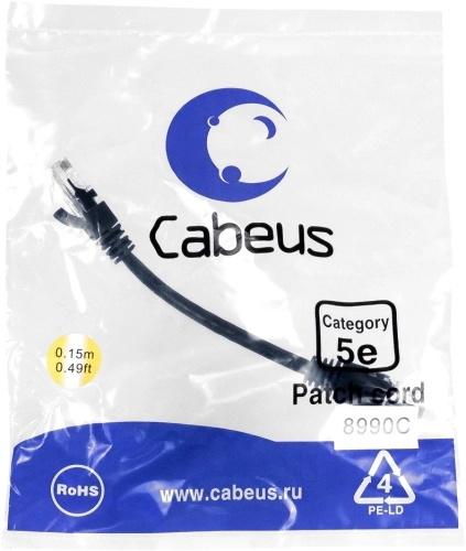 Патч-корд Cabeus PC-UTP-RJ45-Cat.5e-0.15m-BK-LSZH U/ UTP RJ-45 вил.-вилка RJ-45 кат.5E 0.15м черный LSZH (2134562) (2134562#MLN)