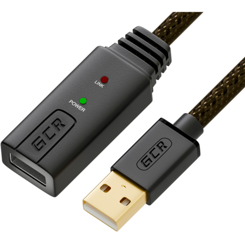 GCR Удлинитель активный 7.0m USB 2.0, AM/ AF, GOLD, черно-прозрачный, с усилителем сигнала, 28/ 24 AWG, разъём для доп.питания, 44-050575