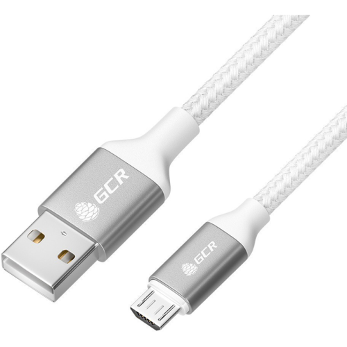 GCR QC Кабель 0.5m MicroUSB, быстрая зарядка, белый нейлон, AL корпус серебро, белый ПВХ, 28/ 24 AWG, GCR-52462