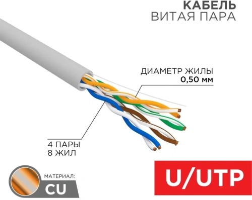 Кабель информационный Rexant 01-0041-R кат.5E U/UTP 4 пары 24AWG PVC внутренний 305м серый фото 5