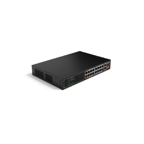 DAHUA DH-SF1018LP 18-портовый неуправляемый коммутатор с РоЕ, 16xRJ45 100Mb PoE, 2xRJ45 1Gb, суммарно 135Вт, коммутация 7.2 Гбит/ с, MAC-таблица 8К, металл