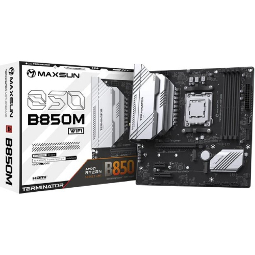 Материнская плата MAXSUN MS-Terminator B850M WIFI, AM5, B850, 4*DDR5, 4*SATA 3.0, 2*M.2, USB 3.2, USB 2.0, Type-C, 1*PCIE 16, 1*PCIE 4, 1*PCIE 1, HDMI+DP, mATX