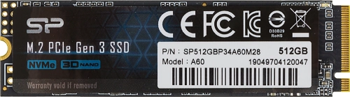 SSD M.2 Silicon Power 512GB A60 <SP512GBP34A60M28> (PCI-E 3.0 х4, up to 2200/1600MBs, 250000 IOPs, 3D TLC, NVMe 1.3, 300TBW, 22х80мм)