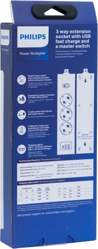 Сетевой фильтр Philips CHP4336BA/ 51 2м (3 розетки) черный (коробка) (CHP4336BA/51) фото 3