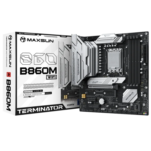 Материнская плата Maxsun MS-Terminator B860M WIFI B860, LGA1851, 4*DDR5, 1*PCIEx16, 1*PCIEx4, 1*PCIEx1, 3*M.2, 1*TypeC, 2*USB3.2Gen2, 2*USB3.2Gen1, 10*USB2.0, 4*SATA3.0, 2.5G, Type-C(DP), DP, HDMI, M-ATX, RTL (6940709661666)