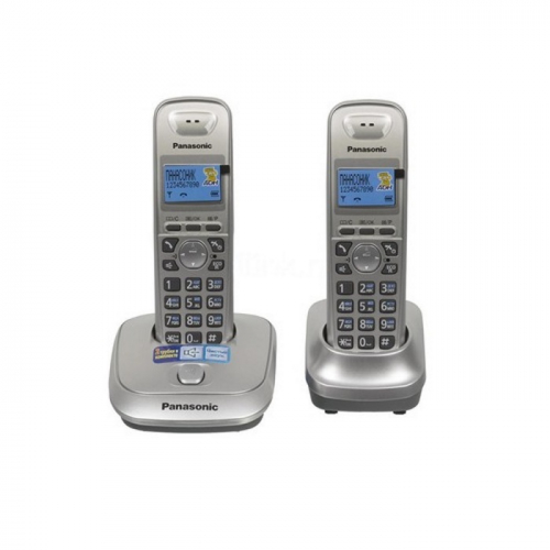 Беспроводной телефон DECT Panasonic/ Точечный, АОН, однолинейный,Caller ID, полифония, в комплекте 2 радиотрубки, платиновый (KX-TG2512RUN)