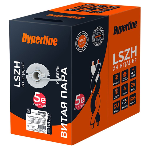 Кабель информационный Hyperline UUTP4R-C5E-S24-IN-LSZH-GY-305 кат.5E UTP 4 пары 24AWG LSZH внутренний 305м серый