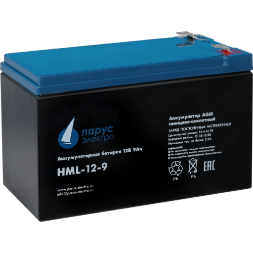 Battery Parus Electro, professional series HML-12-9, voltage 12V, capacity 9Ah (discharge 20 hours), max. discharge current (5sec) 135A, max. charge current 3.6A, lead-acid type AGM, terminals F2, LxWxH 151x65x94mm., total height with terminals 101mm., we