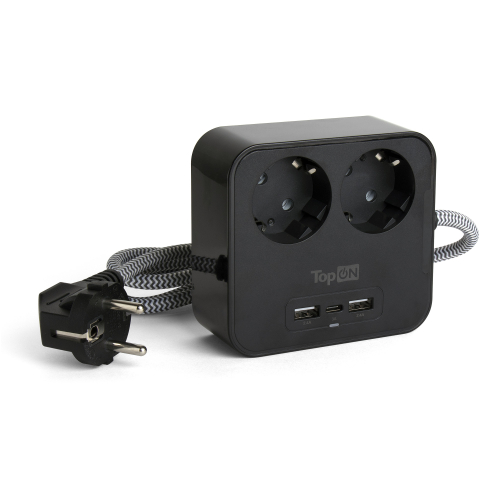 Сетевой фильтр TopON TOP-PWS2 на 2 розетки с 2 USB-A и USB-C, 4000W, 1.5 м Черный (TOP-PWS2B)