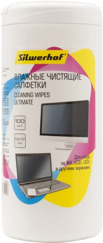 Салфетки Silwerhof Ultimate для экранов мониторов/ плазменных/ ЖК телевизоров/ ноутбуков туба 100шт влажных (1937802) (1937802#MLN)