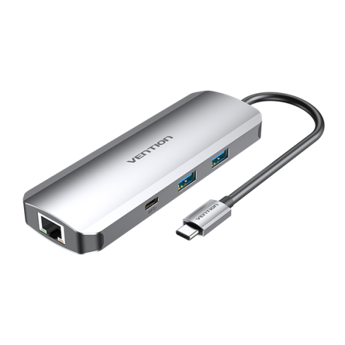 Vention Multi-function USB-C to HDMI/ USB-C Gen 1/ USB3.0x2/ RJ45/ SD/ TF/ TRRS 3.5mm/ PD Docking Station 0.15M Gray Aluminum Alloy Type (TOMHB)