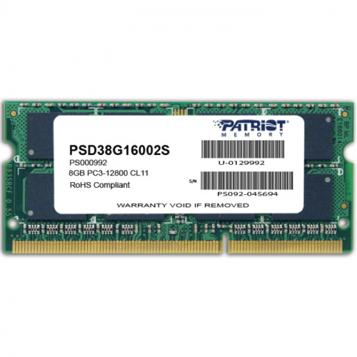 Модуль памяти Patriot DDR3 8GB SODIMM 1600MHz PC3-12800 CL11 1.5V RTL (PSD38G16002S)