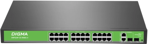 Коммутатор Digma DSP224F-2C-R400 DSP224F-2C-R400 V1 (L2) 24x100Мбит/ с 2xКомбо(1000BASE-T/ SFP) 24PoE 24PoE+ 400W неуправляемый