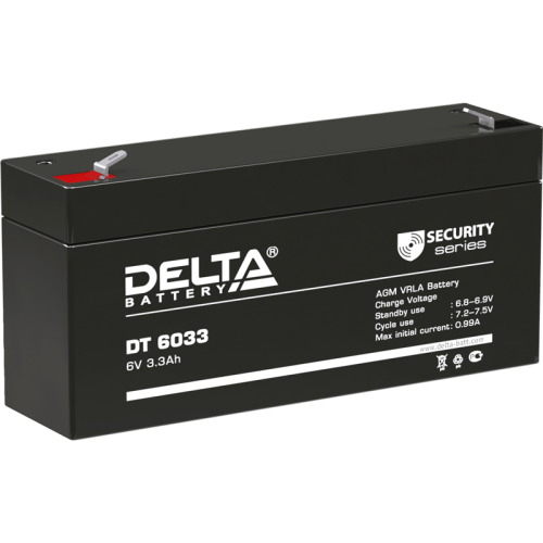 Батарея DELTA серия DT, DT 6033, напряжение 6В, емкость 3.3Ач (разряд 20 часов), макс. ток разряда (5 сек.) 50А, макс. ток заряда 0.99А, свинцово-кислотная типа AGM, клеммы F1, ДxШxВ 134х34х61мм., вес 0.65кг., срок службы 5 лет./ Battery DELTA series DT,
