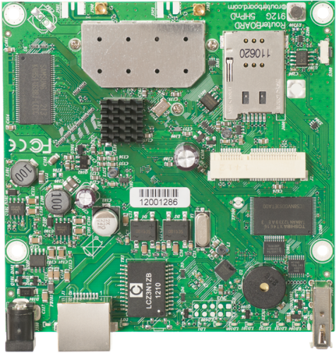 MikroTik RouterBOARD 912UAG with 600Mhz Atheros CPU, 64MB RAM, 1xGigabit LAN, USB, miniPCIe, built-in 5Ghz 802.11a/ n 2x2 two chain wireless, 2xMMCX connectors, RouterOS L4 (RB912UAG-5HPND)