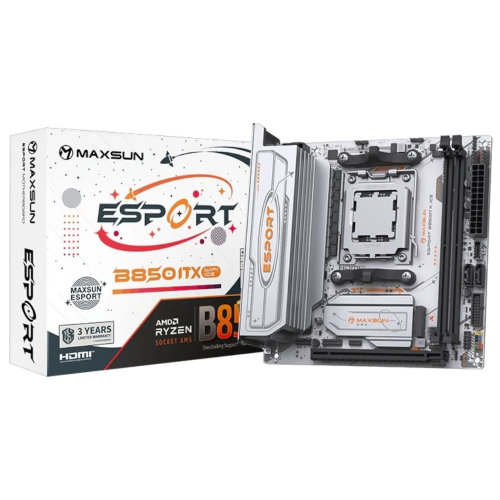 Материнская плата Maxsun MS-eSport B850ITX WIFI ICE B850, AM5, 2*DDR5, 1*PCIEx16, 1*PCIEx1, 2*M.2, 6*USB3.2Gen1, 4*USB2.0, 2*SATA3.0, 2.5G, DP, HDMI, Mini-ITX, RTL (6940709661765)