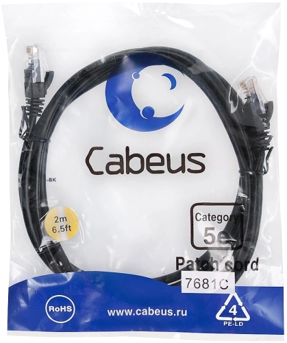 Cabeus PC-UTP-RJ45-Cat.5e-2m-BK Патч-корд U/ UTP, категория 5е, 2xRJ45/ 8p8c, неэкранированный, черный, PVC, 2м