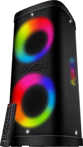 SVEN PS-930 2.0 Мобильные колонки чёрные (2x75 W, mini Jack, 2 х 6.35 мм Jack, USB, Bluetooth, FM, micro SD, ПДУ, 7200 мA, LED подсветка) (SV-022402)