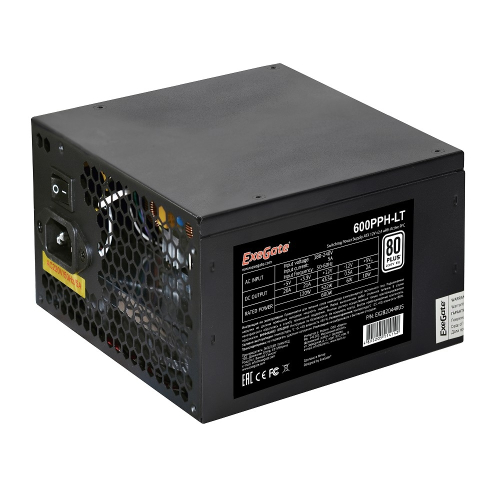 Exegate EX282044RUS Блок питания 600W Exegate 600PPH-LT, 80+, RTL, ATX, black, APFC, 12cm, 24p, (4+4)p, 5*SATA, 3*IDE