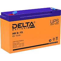 Батарея DELTA серия HR, HR 6-15, напряжение 6В, емкость 15Ач (разряд 20 часов), макс. ток разряда (5 сек.) 180А, макс. ток заряда 4.5А, свинцово-кислотная типа AGM, клеммы F1, ДxШxВ 151х50х94мм., вес