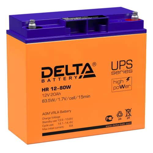 Батарея DELTA серия HR-W, HR 12-80 W, напряжение 12В, емкость 20Ач (разряд 20 часов), макс. ток разряда (5 сек.) 300А, макс. ток заряда 6А, свинцово-кислотная типа AGM, клеммы под болт М5, ДxШxВ 181х77х167мм., вес 6.5кг., срок службы 8 лет./ Battery DELT