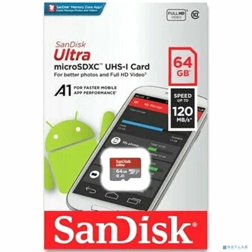 Micro SecureDigital 64GB SanDisk Ultra Class 10, UHS-I, R 140 МБ/ с, без адаптера SD (SDSQUAB-064G-GN6MN)