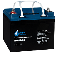 Battery Parus Electro, standard series HM-12-33, voltage 12V, capacity 33Ah (discharge 20 hours), max. discharge current (5sec) 330A, max. charge current 9.9A, lead-acid AGM type, M6 bolt terminals, LxWxH 195x130x155mm., total height with terminals 168mm.