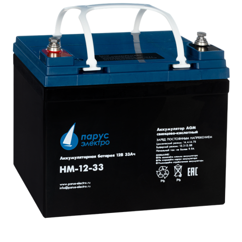 Battery Parus Electro, standard series HM-12-33, voltage 12V, capacity 33Ah (discharge 20 hours), max. discharge current (5sec) 330A, max. charge current 9.9A, lead-acid AGM type, M6 bolt terminals, LxWxH 195x130x155mm., total height with terminals 168mm.