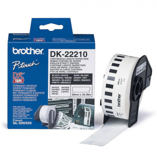 Картридж ленточный Brother DK22210 29мм, черный шрифт, белый фон, 30.48м для Brother QL-570