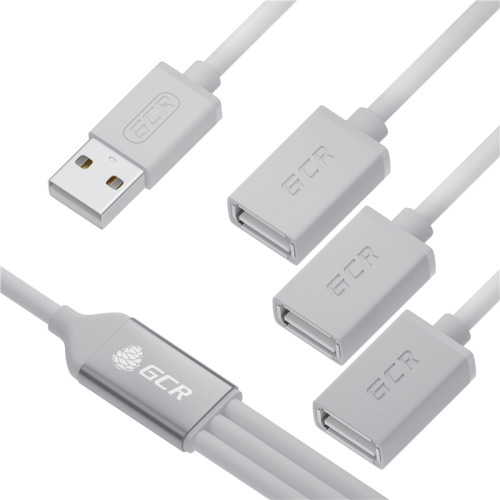 GCR USB Hub 2.0 на 3 порта, 1.2m, гибкий, AM / 3 х AF, белый, GCR-53356