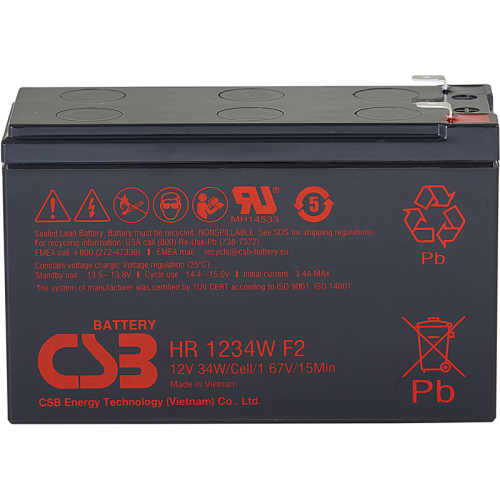 Батарея CSB серия GP, HR1234W F2, напряжение 12В, емкость 8.5Ач (разряд 20 часов), 34 Вт/Эл при 15-мин. разряде до U кон. - 1.67 В/Эл при 25 °С, макс. ток разряда (5 сек.) 130А, ток короткого замыкания 349А, макс. ток заряда 3.4A, свинцово-кислотная типа
