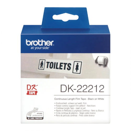Лента Brother DK22212 неразрезанная отделяемая пленка для печати наклеек черным на белом фоне 62 мм x 15,24 м