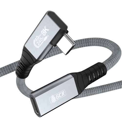 GCR PRO Удлинитель USB4 Type-C, 0.2m, угловой, 40Gbps, 240W, 8K60Hz, M/F, штекер Г-образный боковой, текстиль, серый, GCR-57136