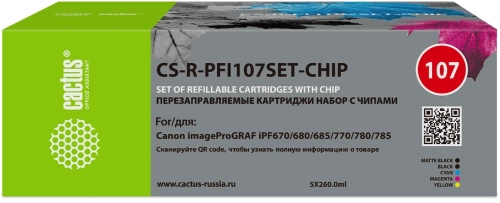 Картридж перезаправляемый струйный Cactus CS-R-PFI107SET-CHIP черный/черный матовый/голубой/желтый/пурпурный набор 5шт.упак. для Canon imageProGRAF iPF670/680/685/770/780/785 с чипом