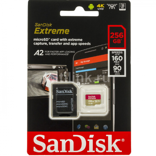Карта памяти microSD 256GB SanDisk microSDXC Class 10 UHS-I A2 C10 V30 U5 Extreme (SD адаптер) 160MB/s (SDSQXA1-256G-GN6MA) фото 2