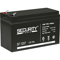 Батарея SECURITY FORCE серия SF, SF 1207, напряжение 12В, емкость 7Ач (разряд 20 часов), макс. ток разряда (5 сек.) 60А, макс. ток заряда 2.1А, свинцово-кислотная типа AGM, клеммы F1, ДxШxВ 151х65х95