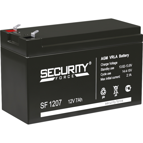 Батарея SECURITY FORCE серия SF, SF 1207, напряжение 12В, емкость 7Ач (разряд 20 часов), макс. ток разряда (5 сек.) 60А, макс. ток заряда 2.1А, свинцово-кислотная типа AGM, клеммы F1, ДxШxВ 151х65х95
