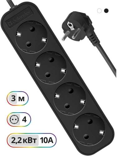 Defender Удлинитель с заземлением M430 3.0 м, 4 розетки, черный (99326)