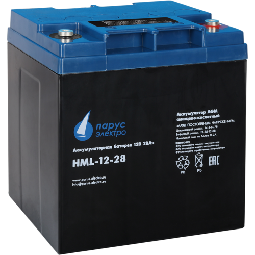 Battery Parus Electro, professional series HML-12-28, voltage 12V, capacity 28Ah (discharge 20 hours), max. discharge current (5sec) 310A, max. charge current 11.2A, lead-acid AGM type, M5 bolt terminals, LxWxH 165x125x175mm., total height with terminals