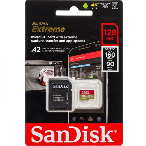 Карта памяти microSD 128GB SanDisk microSDXC Class 10 UHS-I A2 C10 V30 U4 Extreme (SD адаптер) 160MB/s (SDSQXA1-128G-GN6MA) фото 2