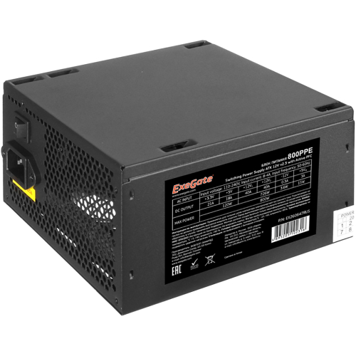 EX260647RUS Блок питания 800W Exegate 800PPE ATX, black, APFC, 12cm, 24p+(4+4)p, PCI-E, 3*IDE, 5*SATA, FDD OEM (102316)