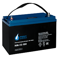 Battery Parus Electro, standard series HM-12-100, voltage 12V, capacity 100Ah (discharge 10 hours), max. discharge current (5sec) 900A, max. charge current 30A, lead-acid type AGM, bolt terminals M8, LxWxH 330x171x215mm., total height with terminals 222mm