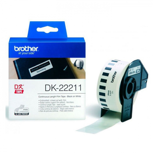 Лента Brother DK22211 неразрезанная плёночная лента для печати наклеек черным на белом фоне, 29 мм x 15.2 м фото 2