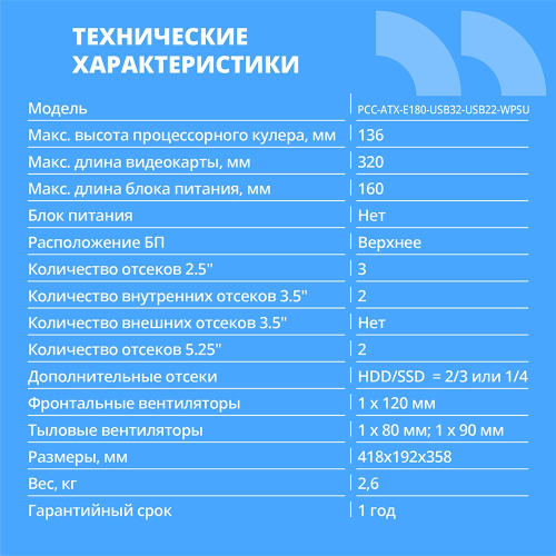 CBR Корпус ATX Miditower E180, без БП, 2*USB 3.0, 2*USB 2.0, HD Audio+Mic, Black [PCC-ATX-E180-USB32-USB22-WPSU] фото 2
