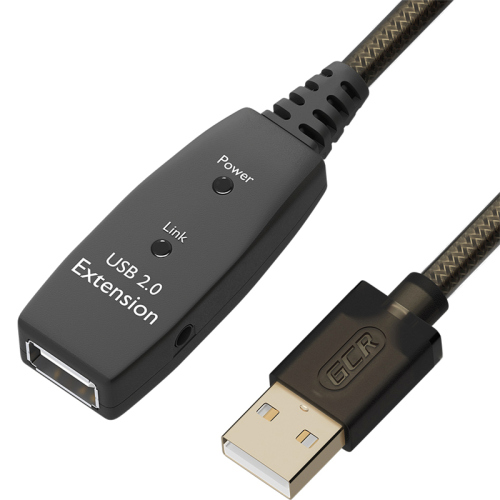 GCR Удлинитель активный 10.0m USB 2.0, AM/ AF, GOLD, черно-прозрачный, с усилителем сигнала Premium, разъём для доп.питания, 24/ 22 AWG (GCR-53806)